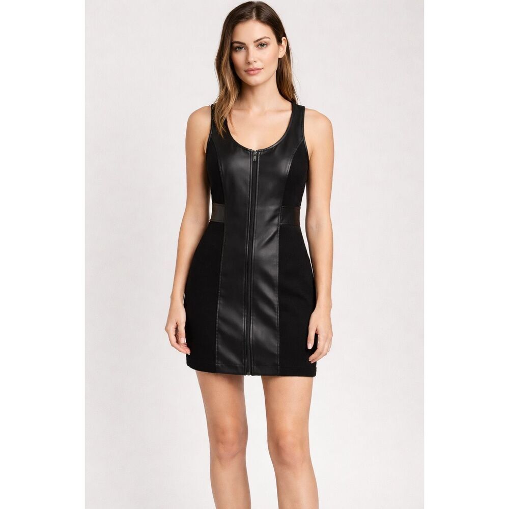 Zara Black Faux Leather Panel Zip Mini Dress Size Small